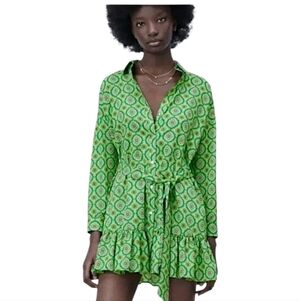 Zara, Onhand, Green Geometric Printed Ruffle Shift Dress, Size S Nwot